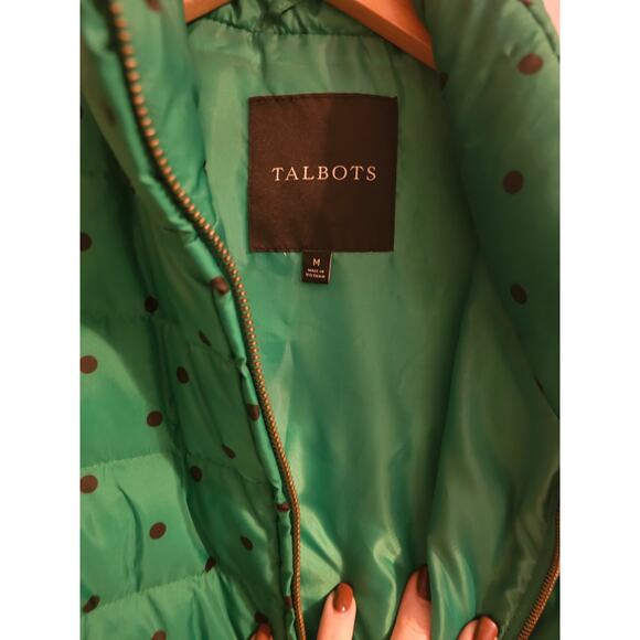 Talbots Kelly green navy blue polka dot down filled quilted vest sz medium - Picture 4 of 6